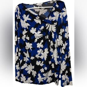 Liz Claiborne Top XXL Cute Blue Floral Stretch Knit Draped Neck Shirt Blouse